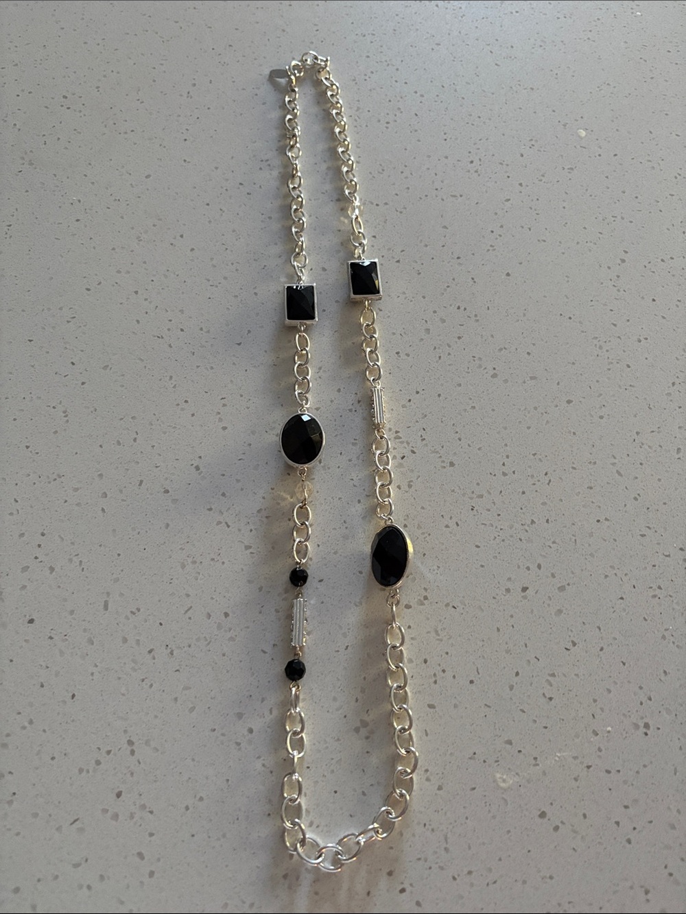 George Silver Chain Necklace with Black Faceted Stones